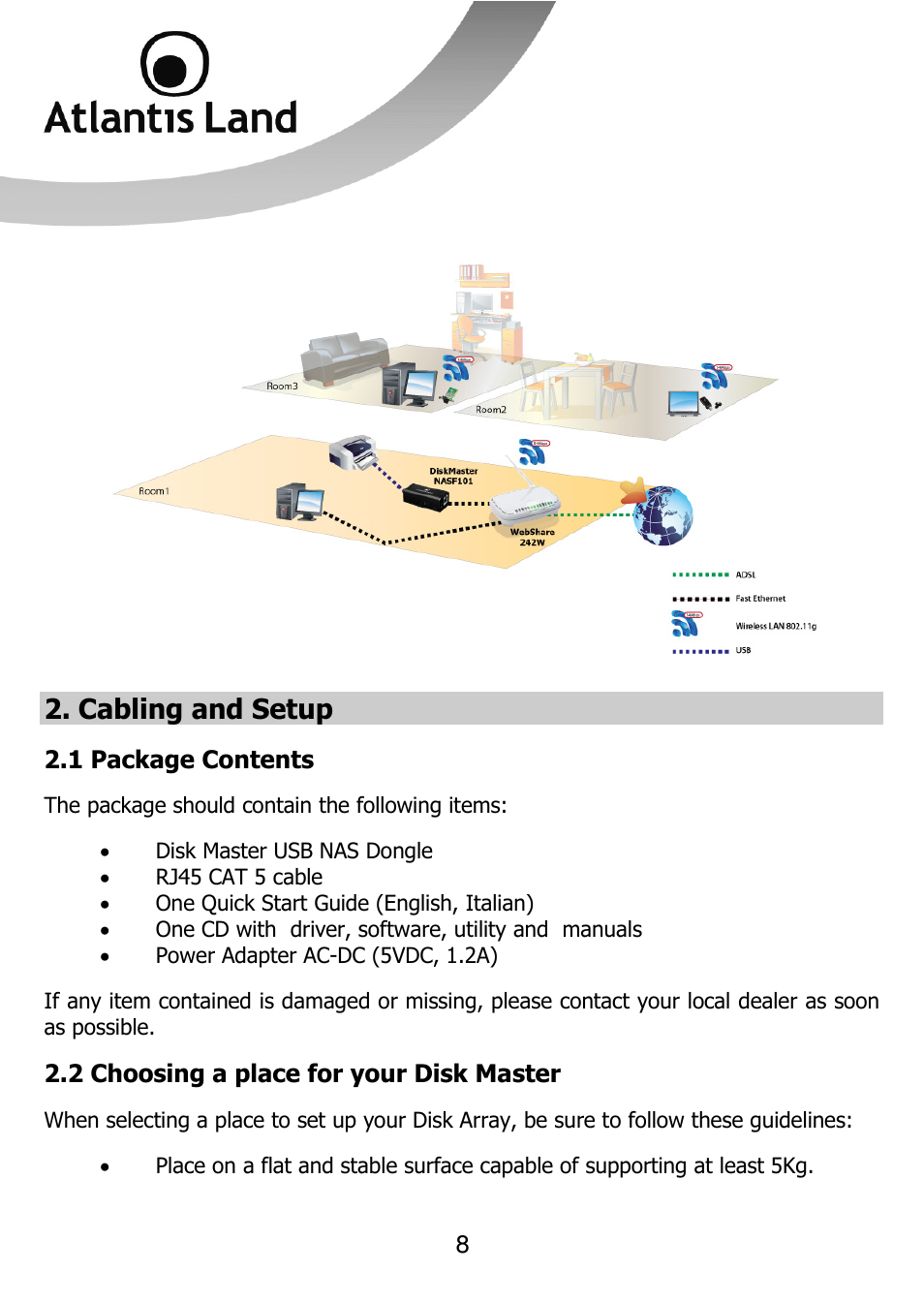 Cabling and setup | Atlantis Land DISKMASTER NASF101 User Manual | Page 8 / 41