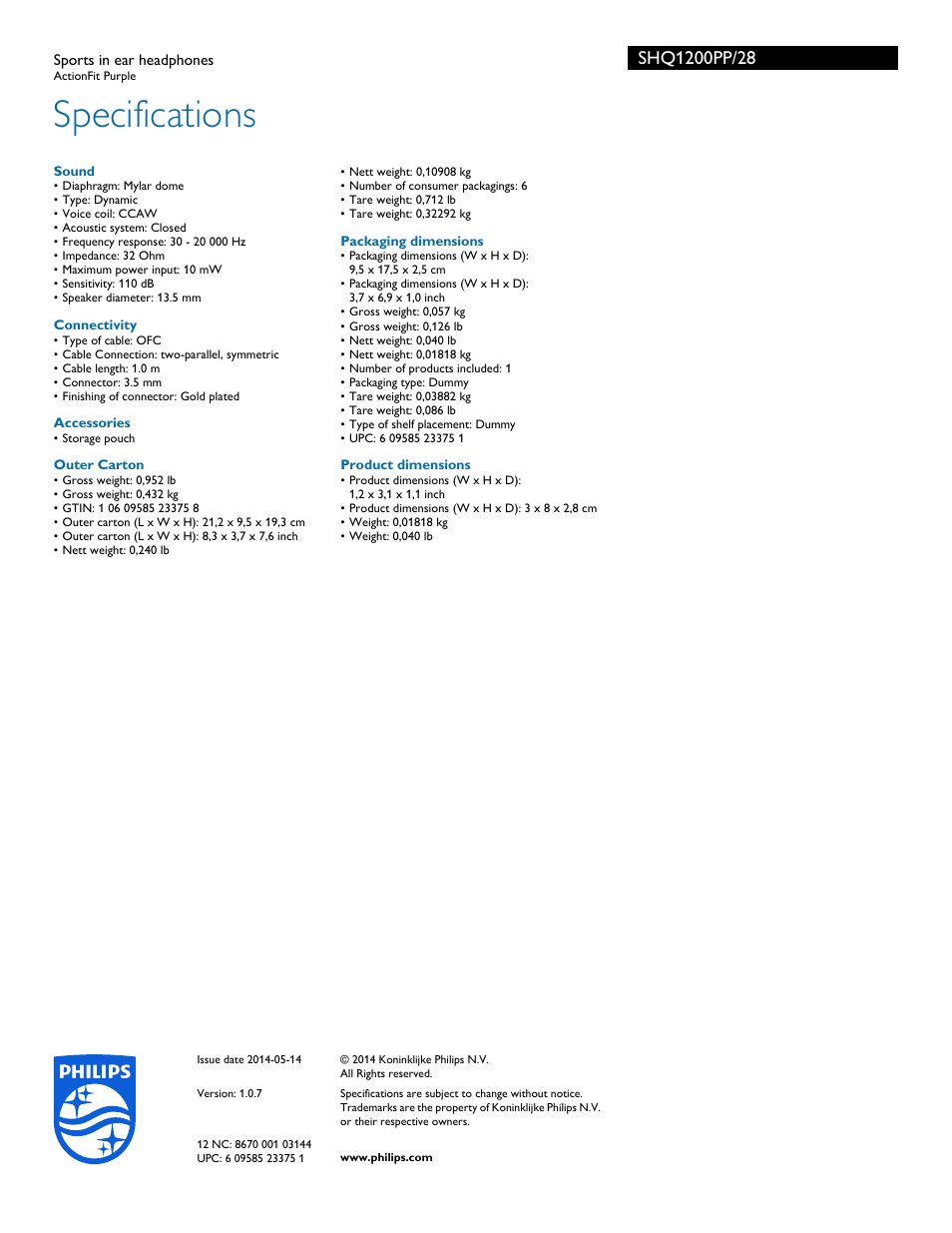 Specifications | Philips SHQ1200PP-28 User Manual | Page 3 / 3