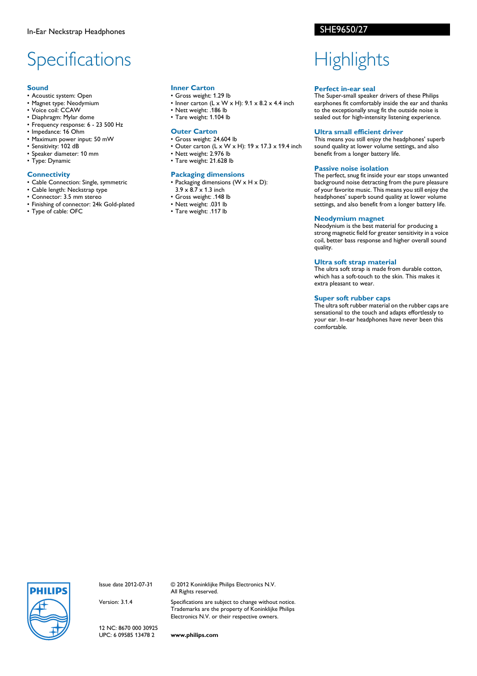 Specifications, Highlights | Philips SHE9650-27 User Manual | Page 2 / 2