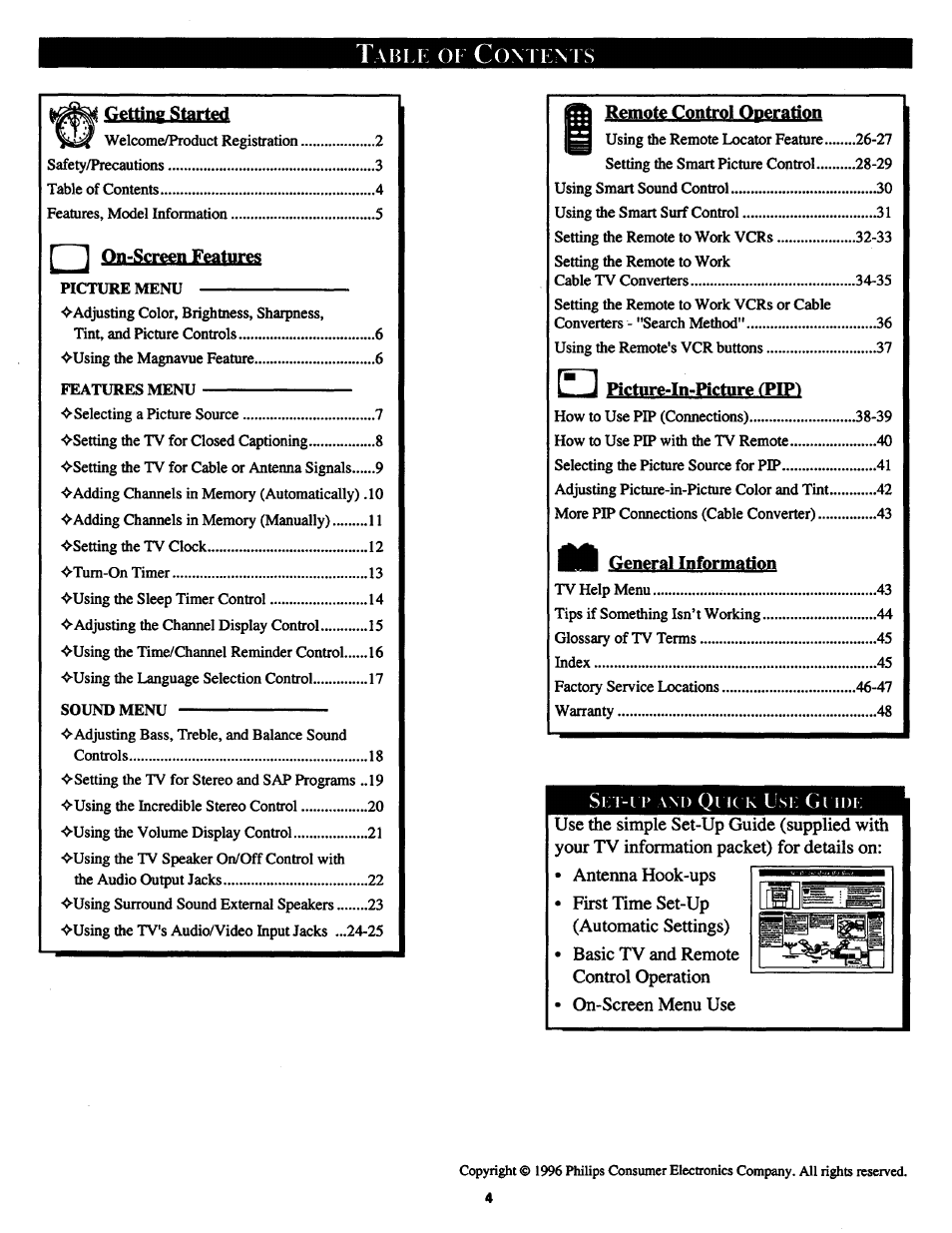 Table of com em s, Antenna hook-ups, First time set-up (automatic settings) | Basic tv and remote control operation, On-screen menu use | Philips MX3290B User Manual | Page 4 / 48