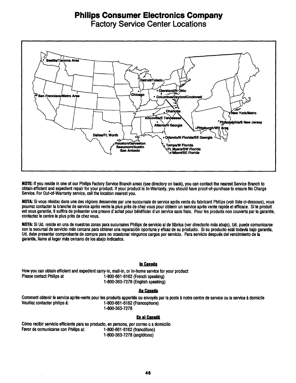 Philips consumer electronics company, Factory service center locations | Philips MX3290B User Manual | Page 46 / 48