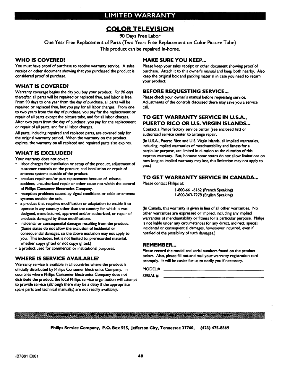 90 days free labor, This product can be repaired in-home, Who is covered | What is covered, What is excluded, Where is service available, Make sure you keep, Before requesting service, To get warranty service in canada, Remember | Philips MX3290B User Manual | Page 48 / 48