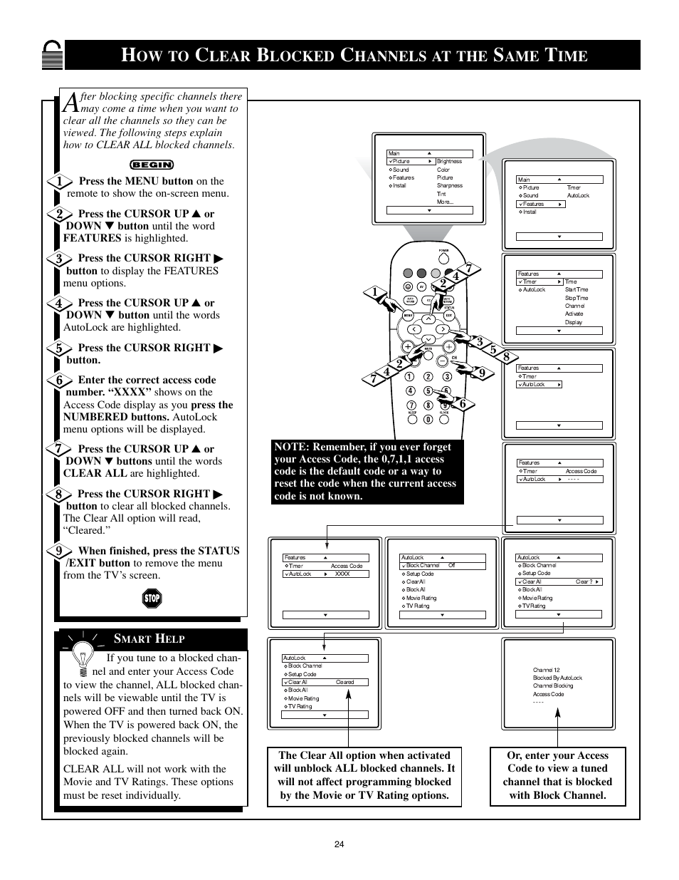 Ow to, Lear, Locked | Hannels at the | Philips 25PS40S99 User Manual | Page 24 / 40