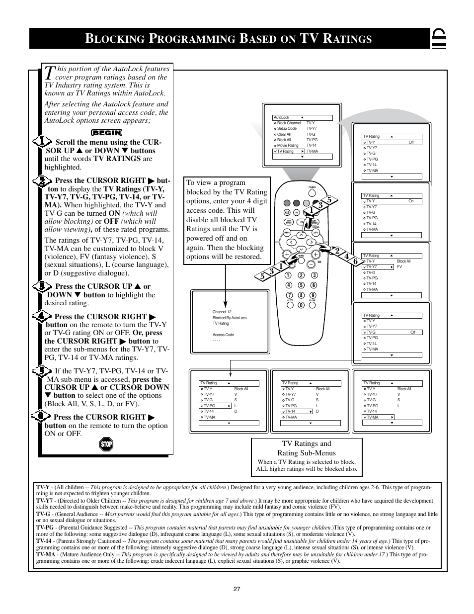 Tv r, Locking, Rogramming | Ased on, Atings, Button on the remote to turn the option on or off | Philips 25PS40S99 User Manual | Page 27 / 40