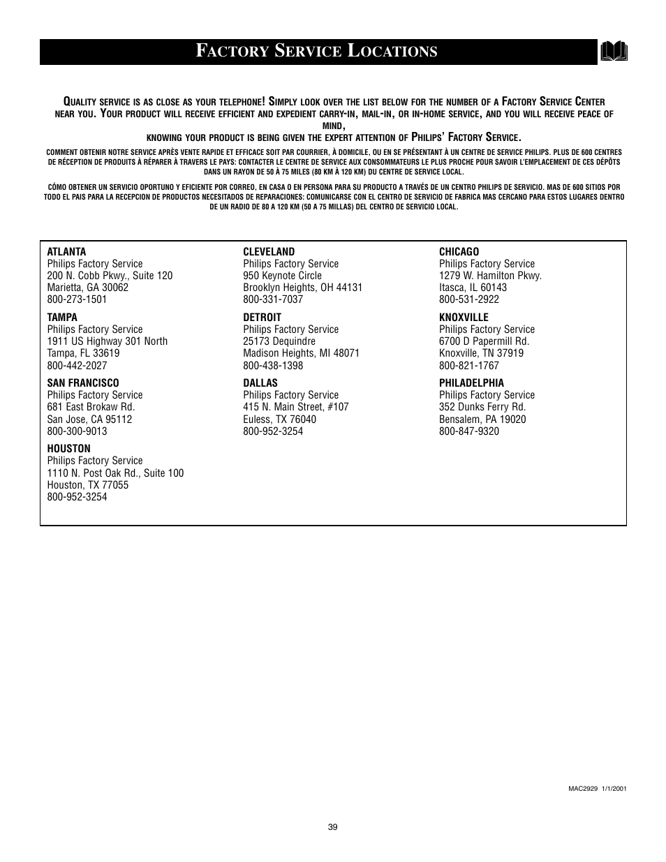 Actory, Ervice, Ocations | Philips 25PS40S99 User Manual | Page 39 / 40