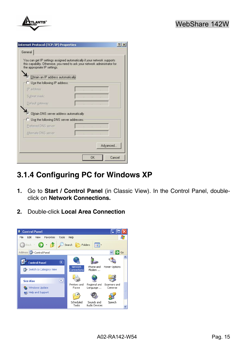4 configuring pc for windows xp, Webshare 142w | Atlantis Land A02-RA142-W54 User Manual | Page 25 / 97