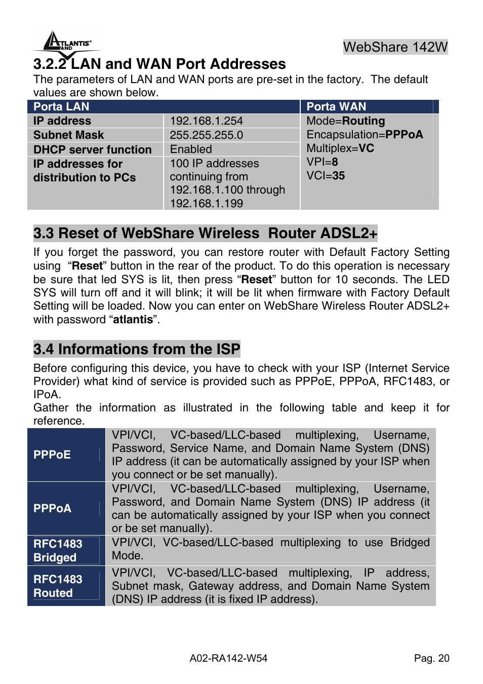2 lan and wan port addresses, 3 reset of webshare wireless router adsl2, 4 informations from the isp | Webshare 142w | Atlantis Land A02-RA142-W54 User Manual | Page 30 / 97
