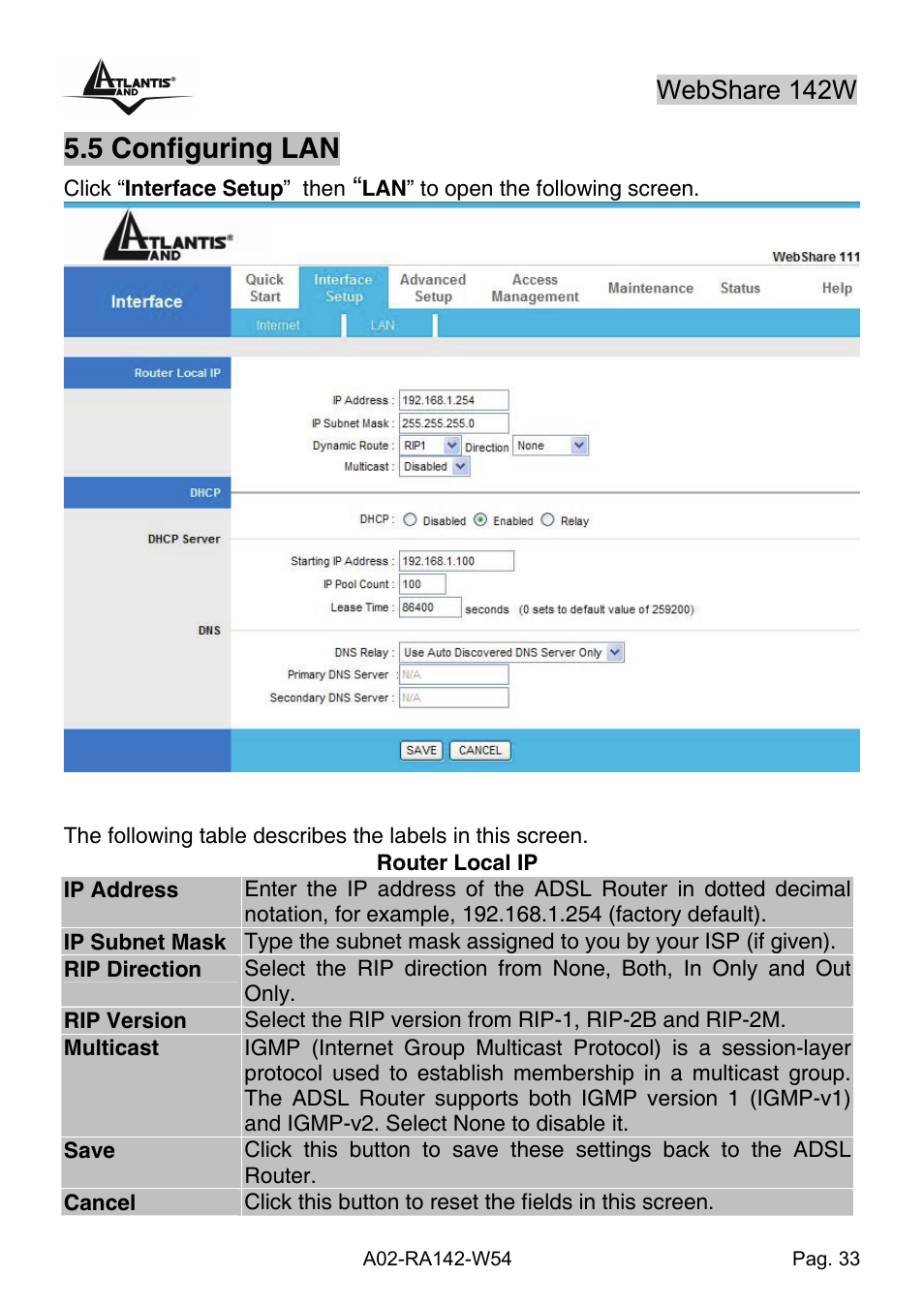 5 configuring lan, Webshare 142w | Atlantis Land A02-RA142-W54 User Manual | Page 43 / 97