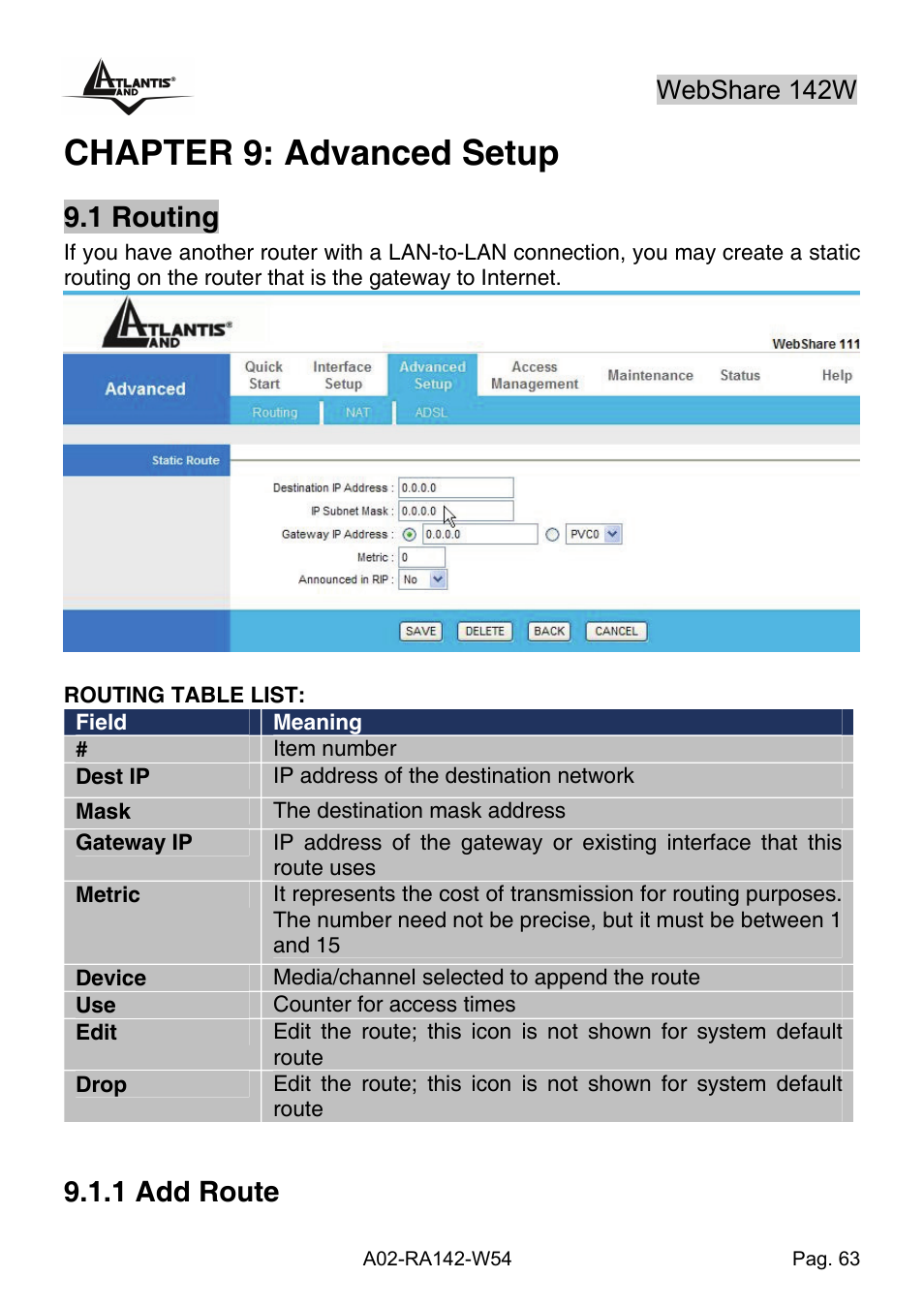 Chapter 9: advanced setup, 1 routing, 1 add route | Webshare 142w | Atlantis Land A02-RA142-W54 User Manual | Page 73 / 97