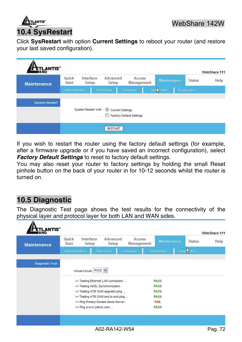 4 sysrestart, 5 diagnostic | Atlantis Land A02-RA142-W54 User Manual | Page 82 / 97