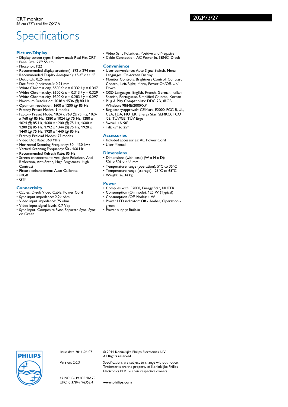 Specifications | Philips 202P73-27 User Manual | Page 3 / 3