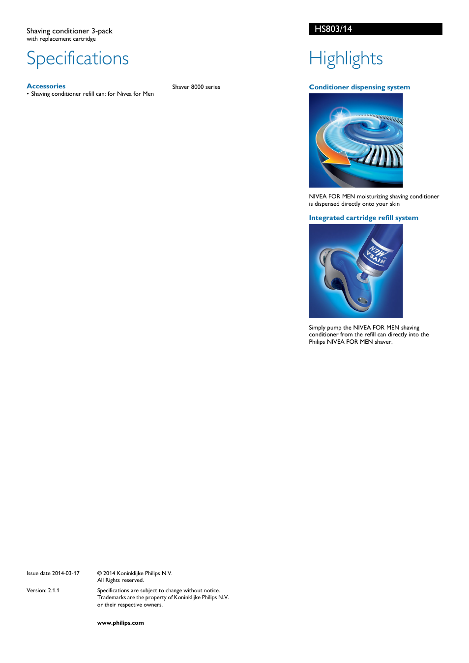 Specifications, Highlights | Philips HS803-14 User Manual | Page 2 / 2