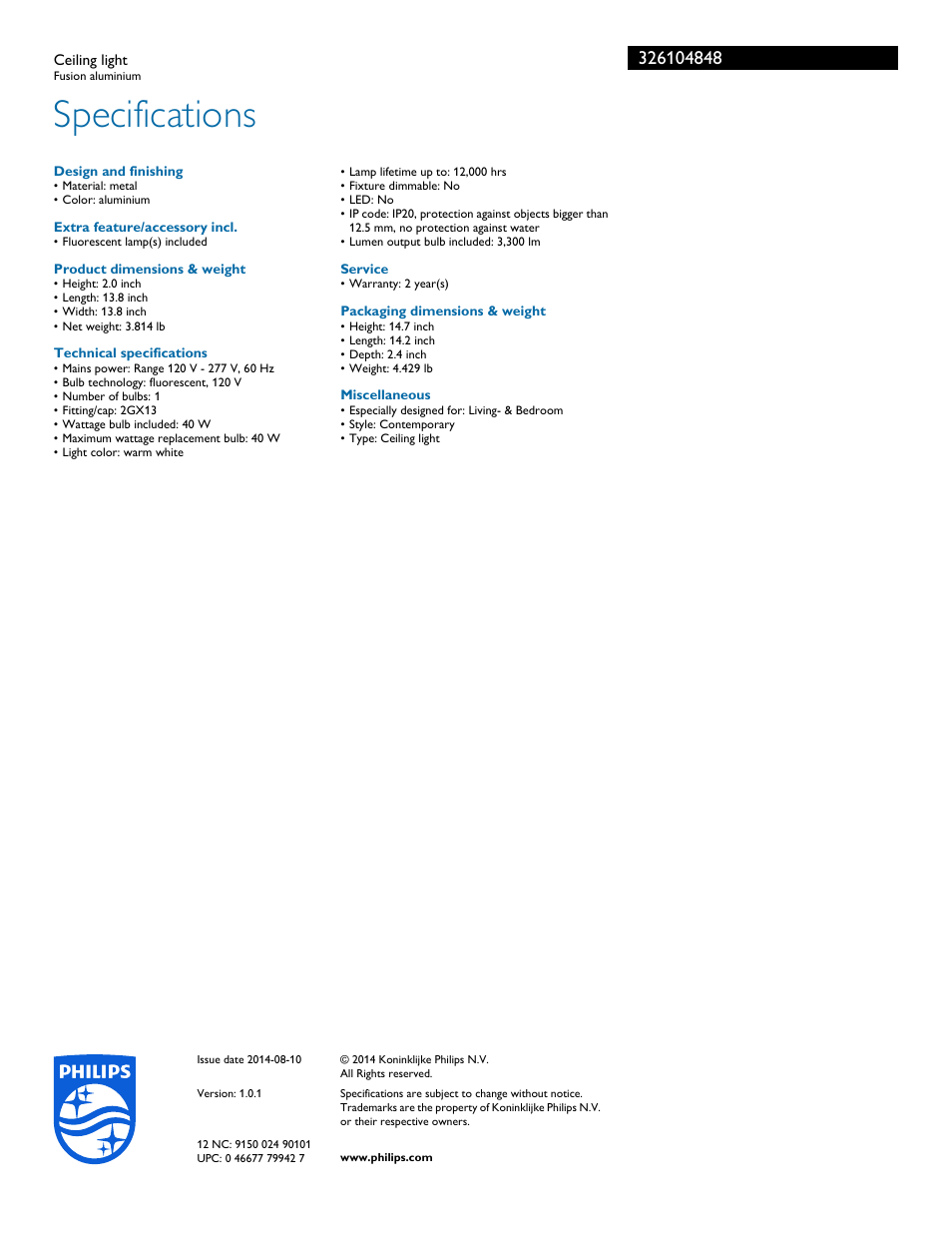 Specifications | Philips 326104848 User Manual | Page 2 / 2