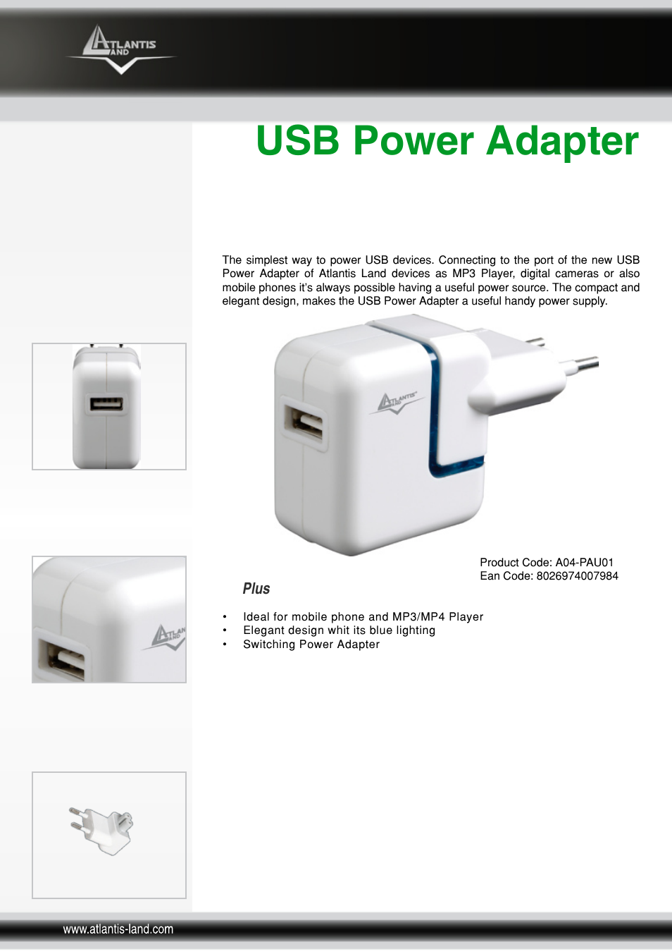 Atlantis Land USB Power Adapter A04-PAU01 User Manual | 2 pages