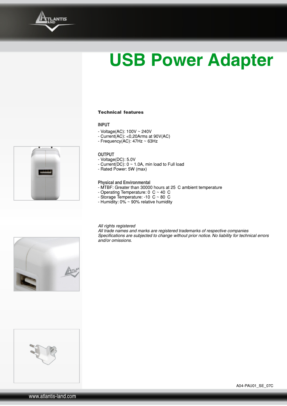 Usb power adapter | Atlantis Land USB Power Adapter A04-PAU01 User Manual | Page 2 / 2