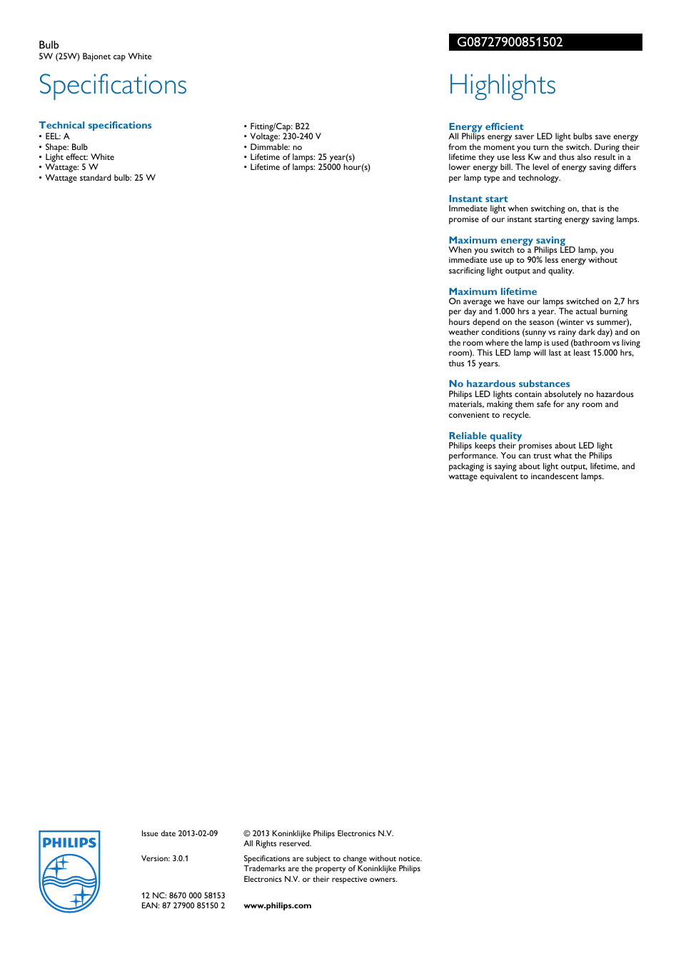 Specifications, Highlights | Philips G08727900851502 User Manual | Page 2 / 2