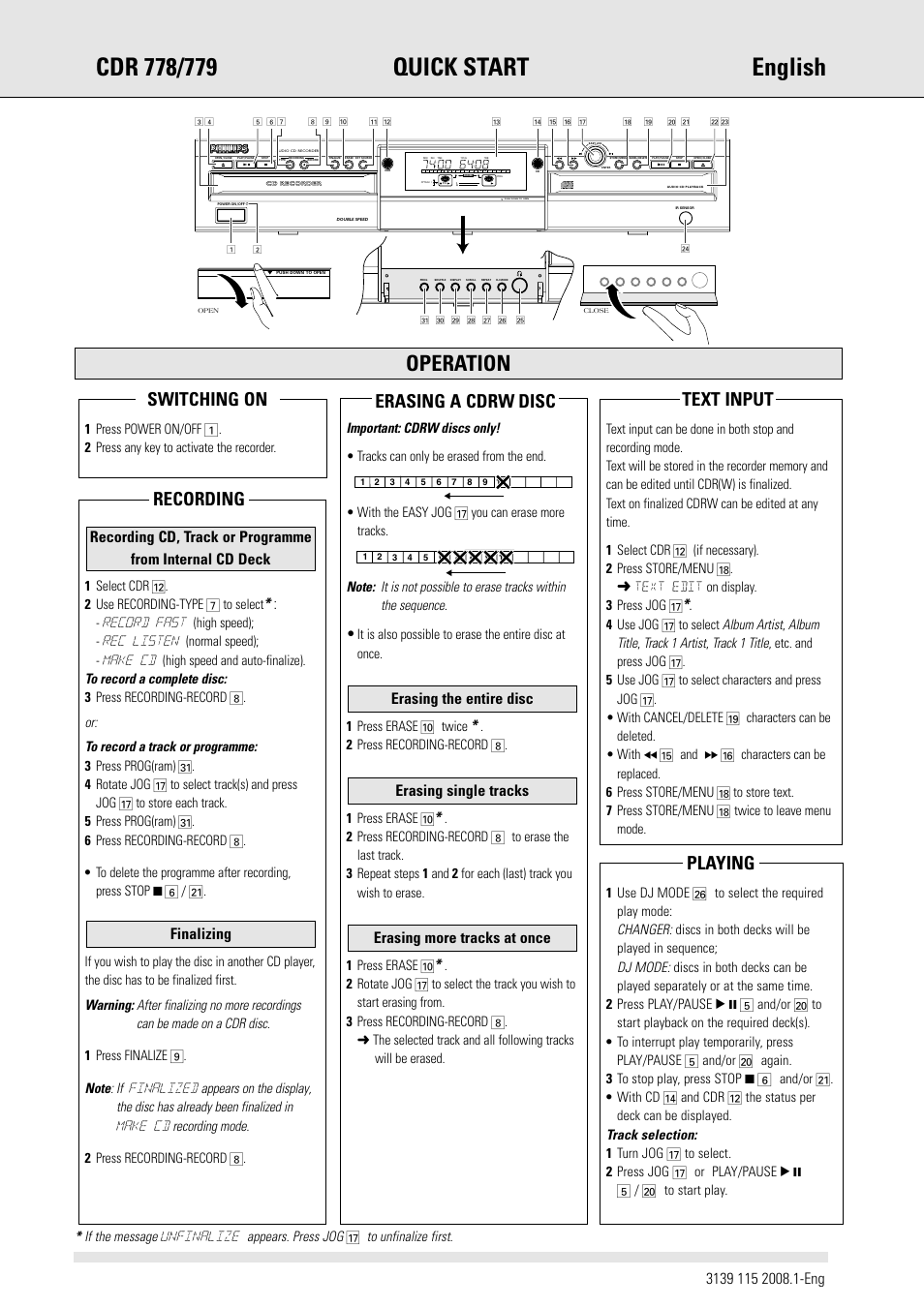 Operation, Recording, Erasing a cdrw disc | Text input, Playing, Switching on, Push down to open, 1 select cdr @. 2 use recording-type 7 to select, 2 press recording-record 8. 1 press erase 0, Text edit on display. 3 press jog | Philips CDR778BK99 User Manual | Page 2 / 2