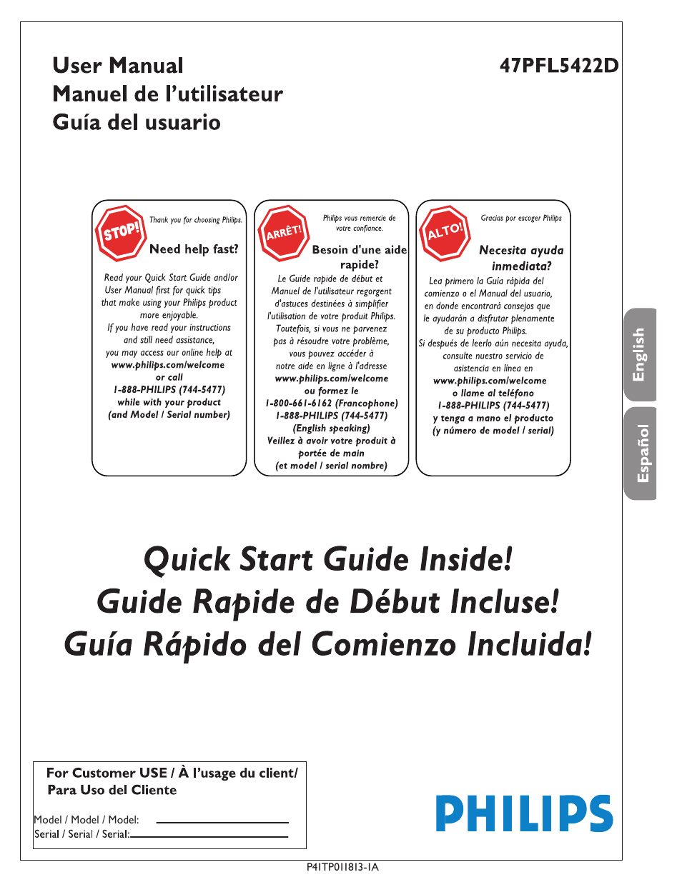 Philips digital widescreen flat TV 47PFL5422D 47" LCD Full HD 1080p with Digital Crystal Clear User Manual | 43 pages