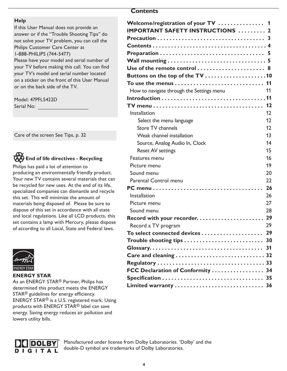 Philips digital widescreen flat TV 47PFL5422D 47" LCD Full HD 1080p with Digital Crystal Clear User Manual | Page 11 / 43