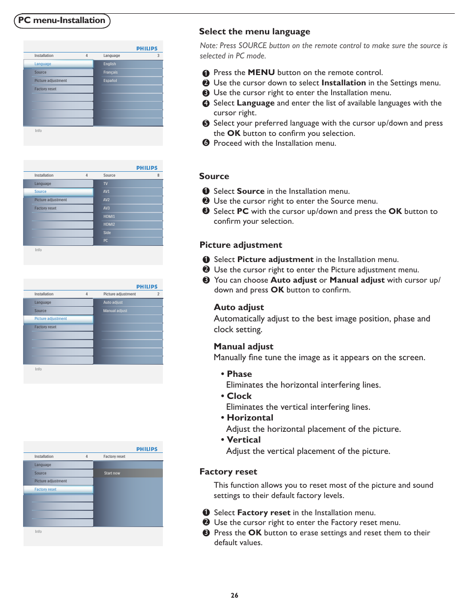 Pc menu-installation, Select the menu language, Source | Picture adjustment | Philips digital widescreen flat TV 47PFL5422D 47" LCD Full HD 1080p with Digital Crystal Clear User Manual | Page 33 / 43