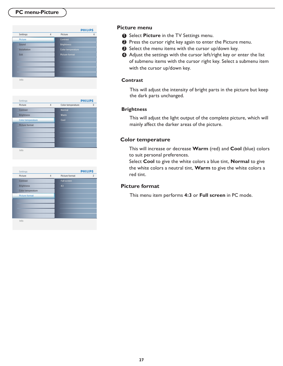 Pc menu-picture picture menu color temperature, Picture format | Philips digital widescreen flat TV 47PFL5422D 47" LCD Full HD 1080p with Digital Crystal Clear User Manual | Page 34 / 43