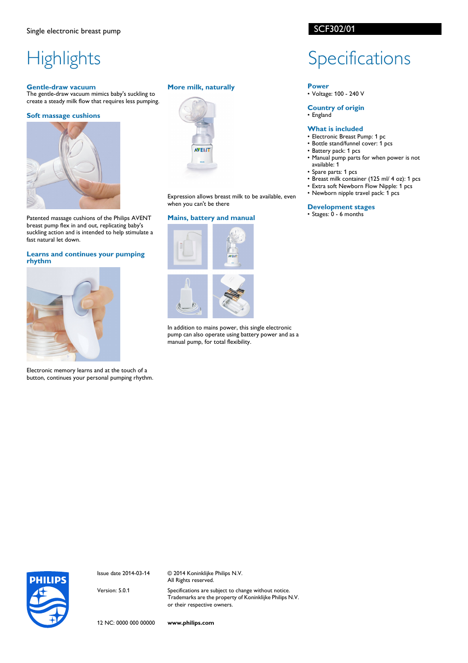 Highlights, Specifications | Philips SCF302-01 User Manual | Page 2 / 2