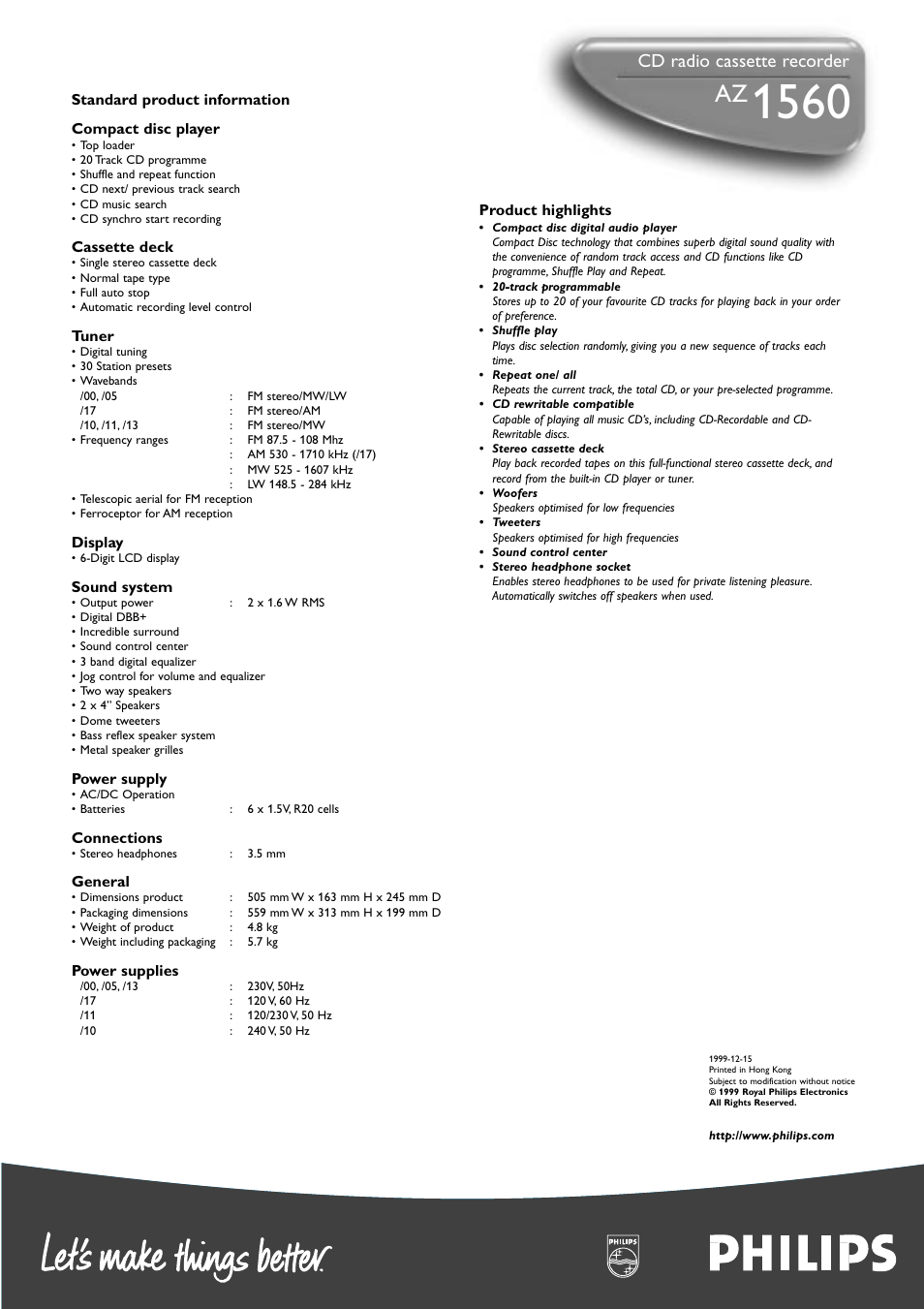 Cd radio cassette recorder | Philips AZ1560-17 User Manual | Page 2 / 2