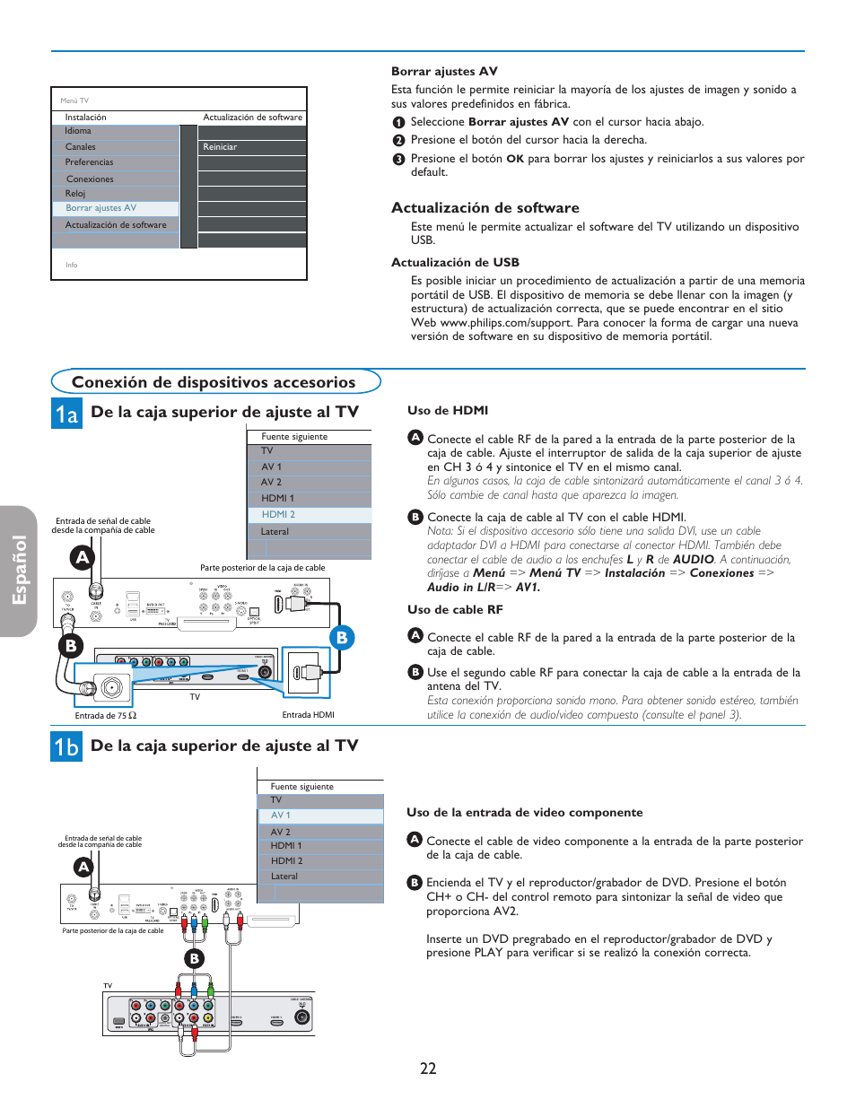 English, English française español, Conexión de dispositivos accesorios | De la caja superior de ajuste al tv, Actualización de software | Philips 37PFL7332D-37 User Manual | Page 102 / 120