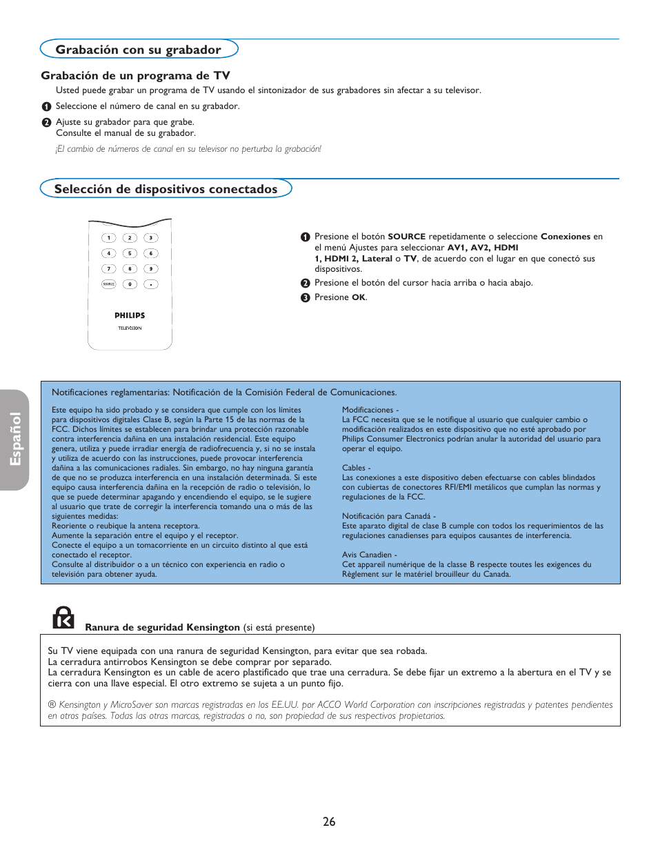 English française español, Selección de dispositivos conectados, Grabación con su grabador | Grabación de un programa de tv | Philips 37PFL7332D-37 User Manual | Page 106 / 120