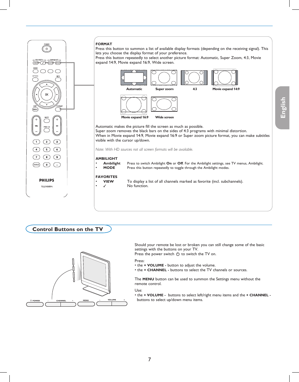 English française español, Control buttons on the tv | Philips 37PFL7332D-37 User Manual | Page 11 / 120