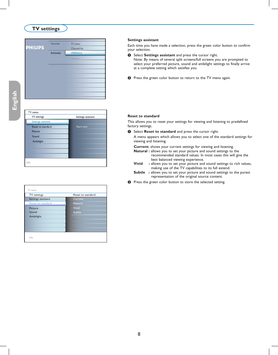 English française español, 8tv settings | Philips 37PFL7332D-37 User Manual | Page 12 / 120