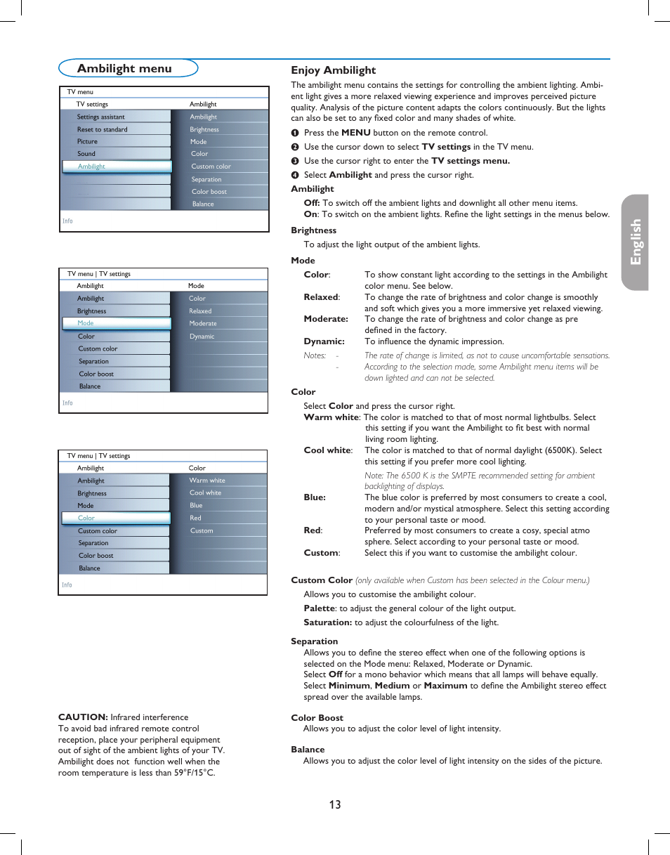 English française español, 13 ambilight menu | Philips 37PFL7332D-37 User Manual | Page 17 / 120