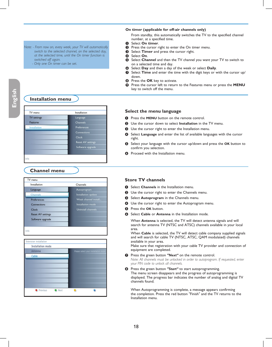 English française español, Installation menu channel menu | Philips 37PFL7332D-37 User Manual | Page 22 / 120