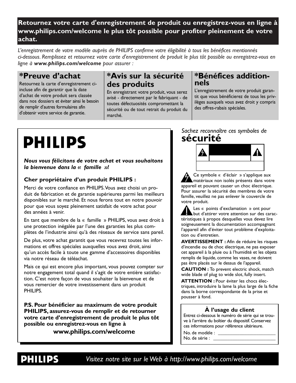 Sécurité, Preuve d’achat, Avis sur la sécurité des produits | Bénéfices addition- nels | Philips 37PFL7332D-37 User Manual | Page 41 / 120