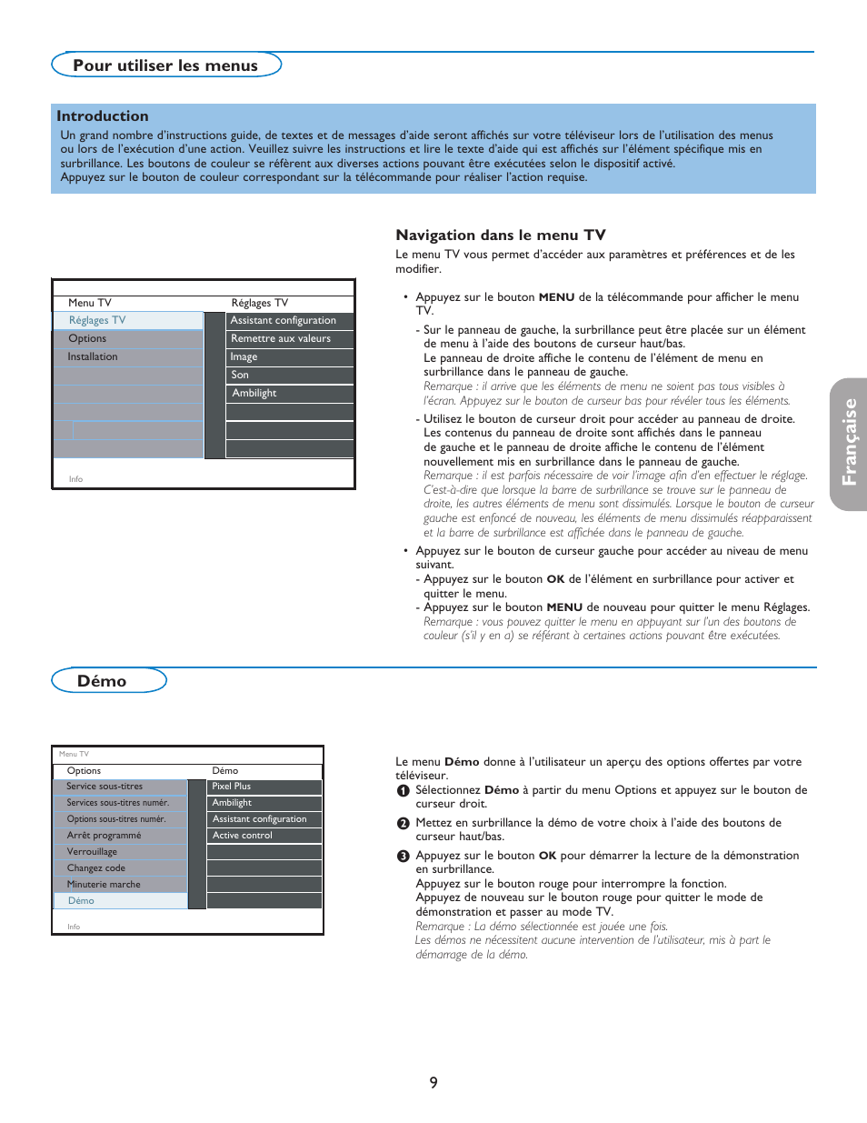 English française español, Démo, Pour utiliser les menus | Navigation dans le menu tv, Introduction | Philips 37PFL7332D-37 User Manual | Page 51 / 120