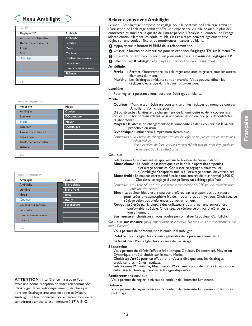 English française español, 13 menu ambilight, Relaxez-vous avec ambilight | Philips 37PFL7332D-37 User Manual | Page 55 / 120