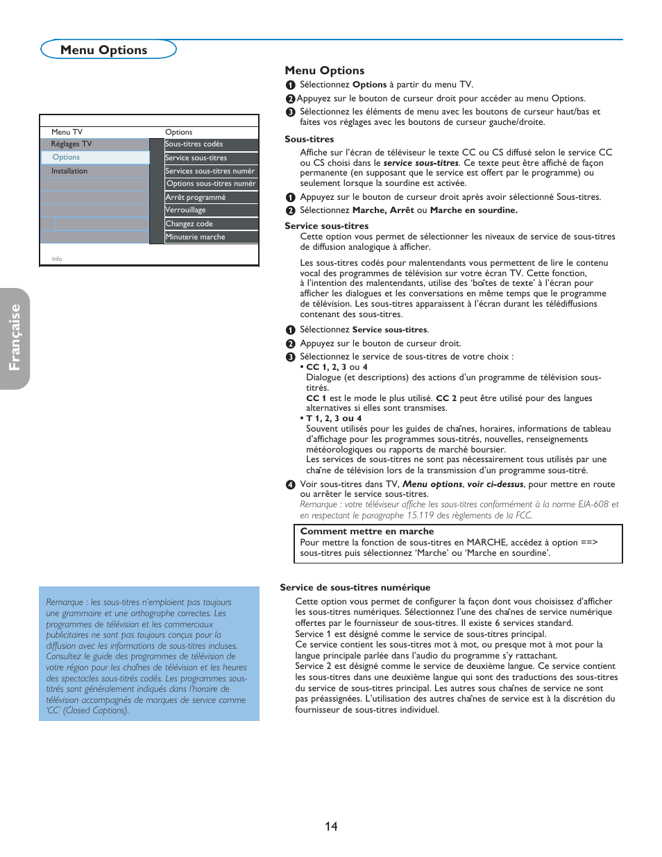 English française español, Menu options | Philips 37PFL7332D-37 User Manual | Page 56 / 120