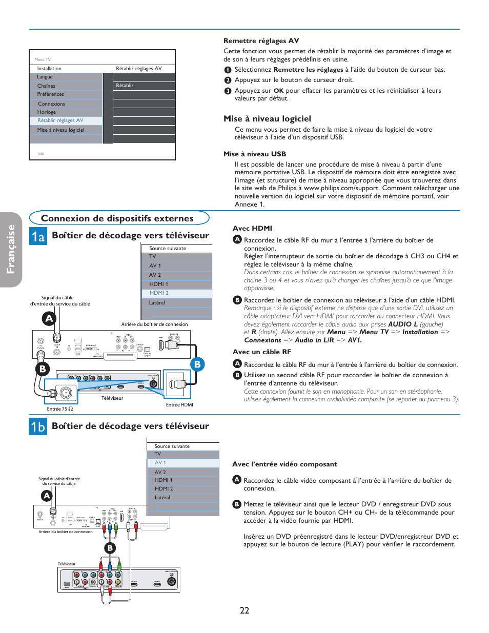 English française español, Connexion de dispositifs externes, Boîtier de décodage vers téléviseur | Mise à niveau logiciel | Philips 37PFL7332D-37 User Manual | Page 64 / 120