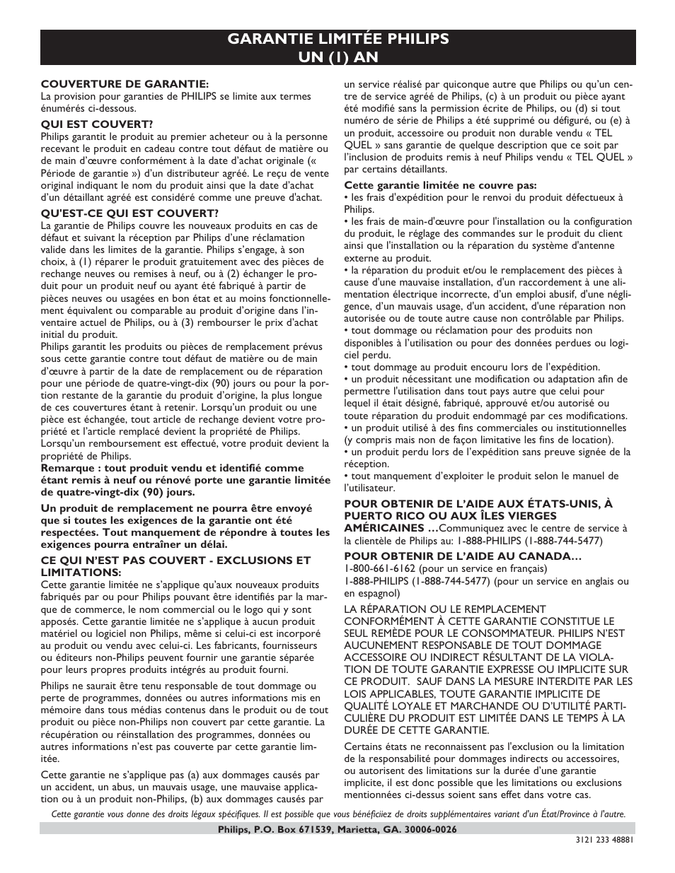 Garantie limitée philips un (1) an | Philips 37PFL7332D-37 User Manual | Page 78 / 120