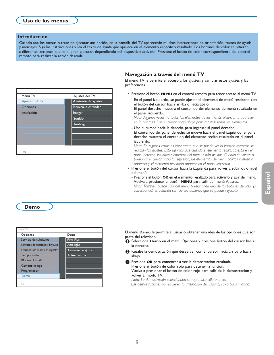 English française español, Demo, Uso de los menús | Navegación a través del menú tv, Introducción | Philips 37PFL7332D-37 User Manual | Page 89 / 120