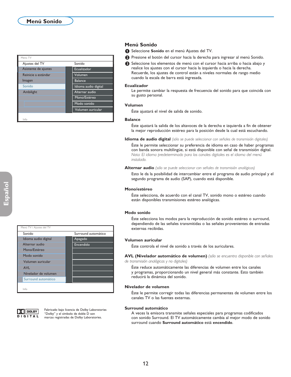 English française español, Menú sonido | Philips 37PFL7332D-37 User Manual | Page 92 / 120