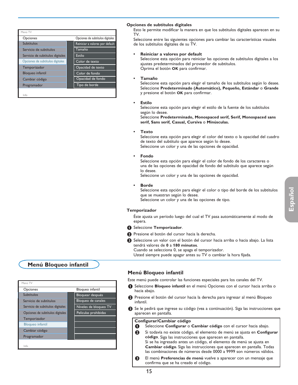 English française español, Menú bloqueo infantil | Philips 37PFL7332D-37 User Manual | Page 95 / 120