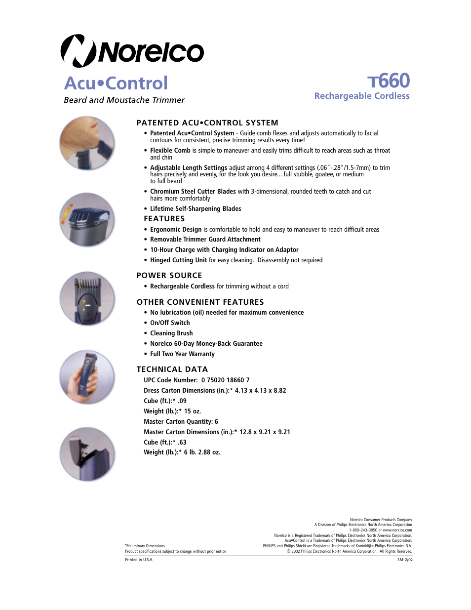 Patented acu•control system, Features, Power source | Other convenient features, Technical data | Philips T660-00 User Manual | Page 2 / 2