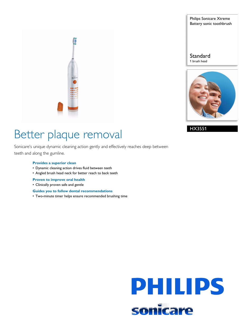 Philips Sonicare Xtreme Battery sonic toothbrush HX3551 Standard 1 brush head User Manual | 2 pages