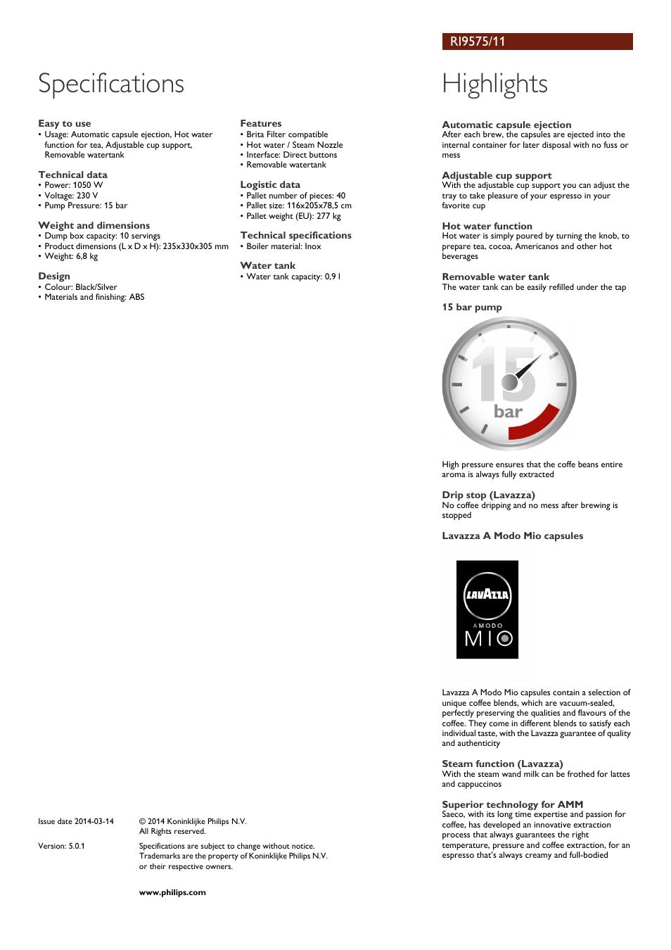 Specifications, Highlights | Philips RI9575-11 User Manual | Page 2 / 2