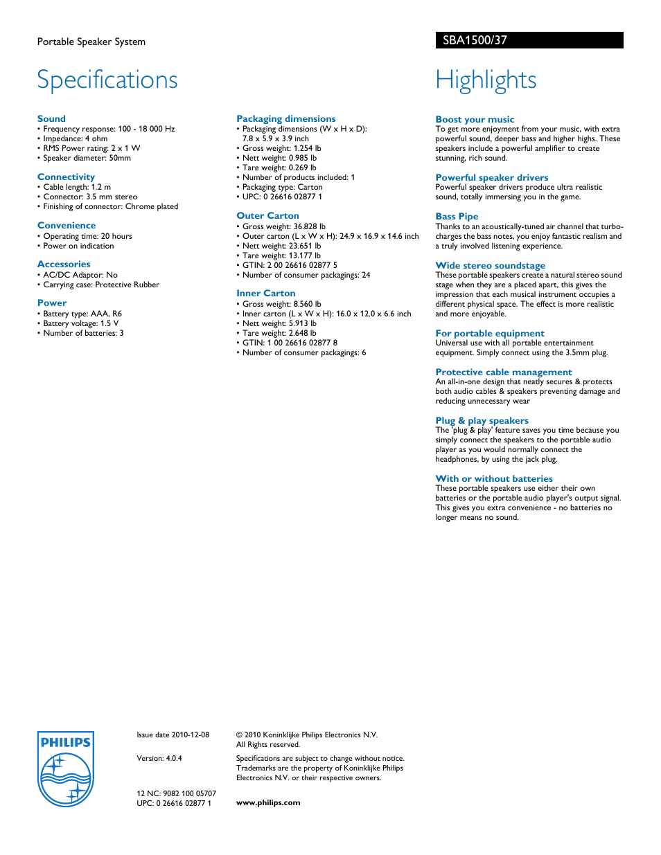 Specifications, Highlights | Philips SBA1500-37 User Manual | Page 2 / 2