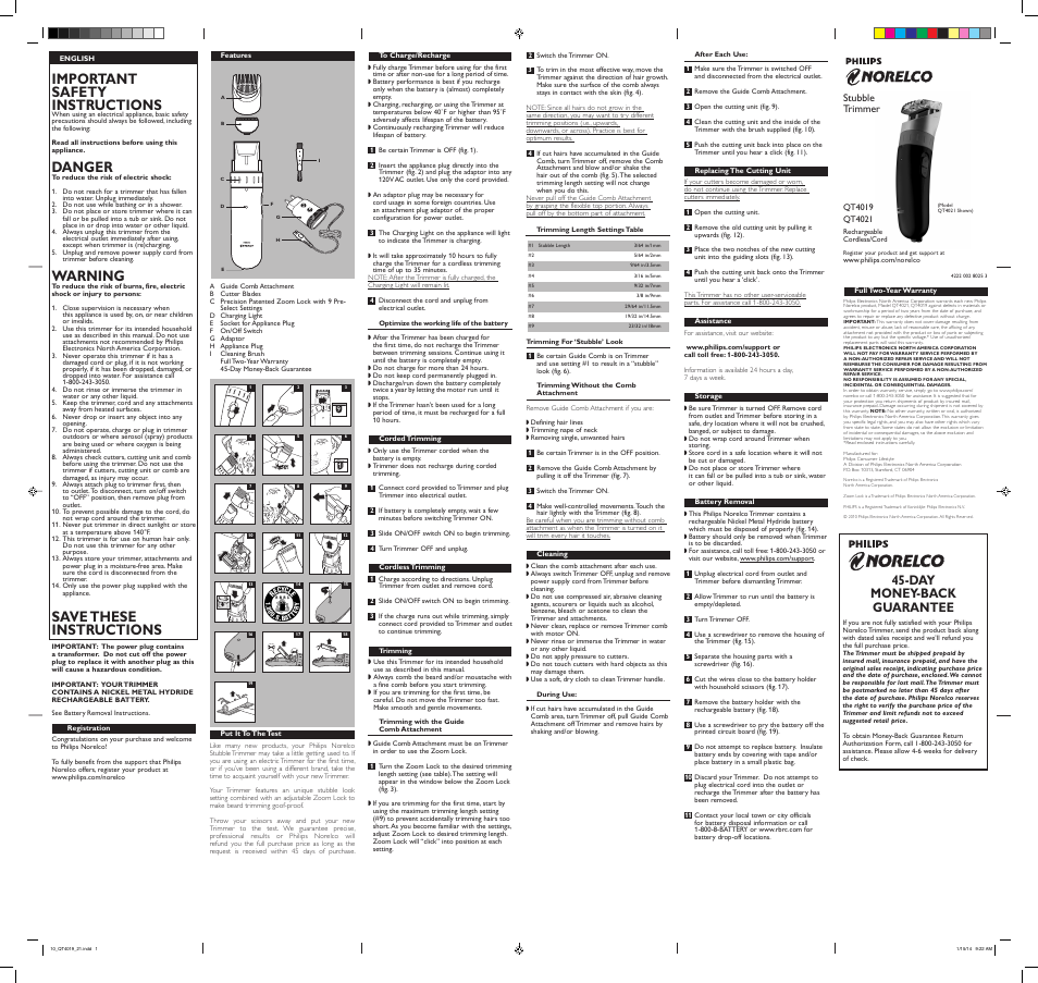 Important safety instructions, Danger, Warning | Save these instructions, Day money-back guarantee | Philips QT4021-63 User Manual | Page 2 / 2