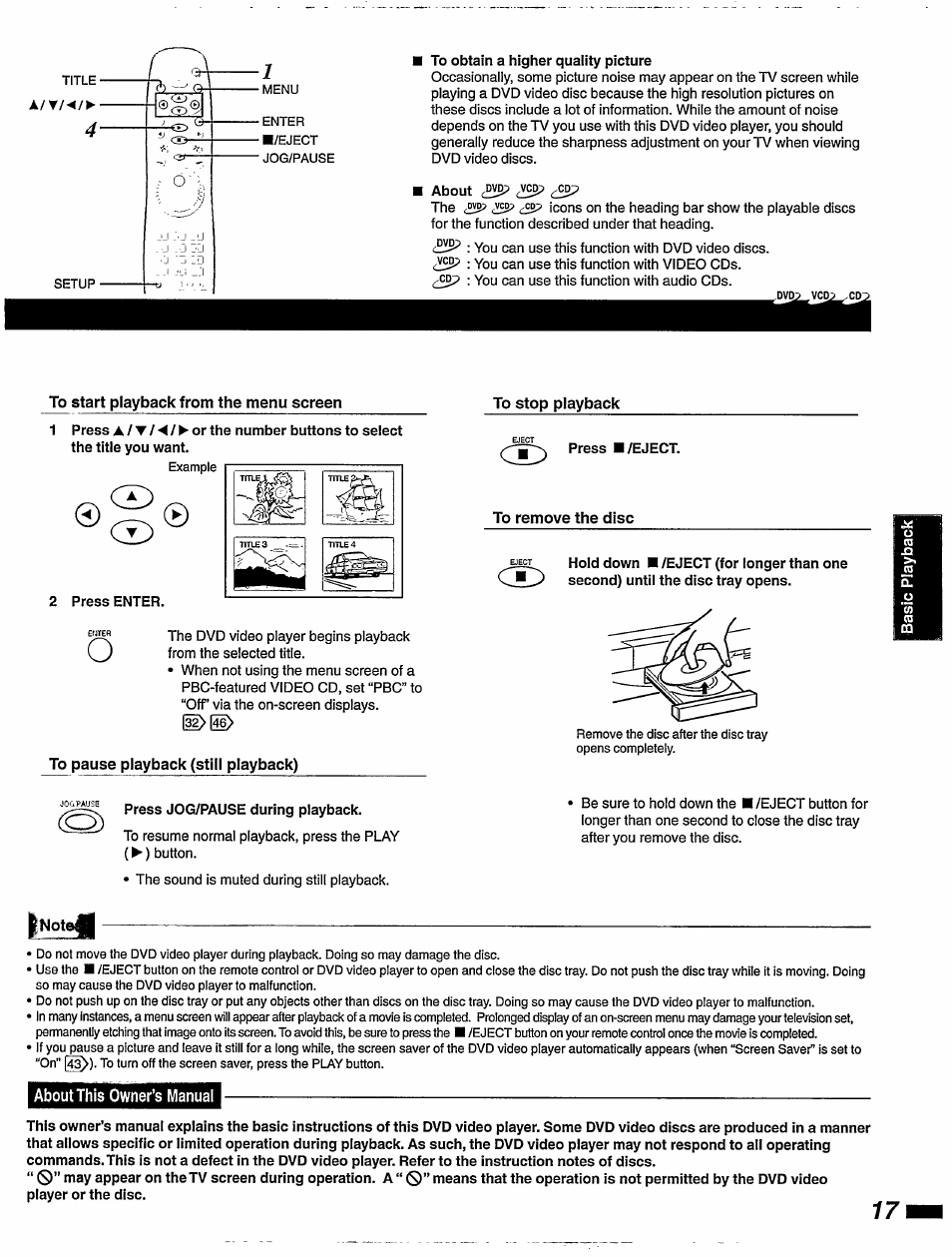 To start playback from the menu screen, To pause playback (still playback), To remove the disc | Philips DVD855AT User Manual | Page 19 / 58