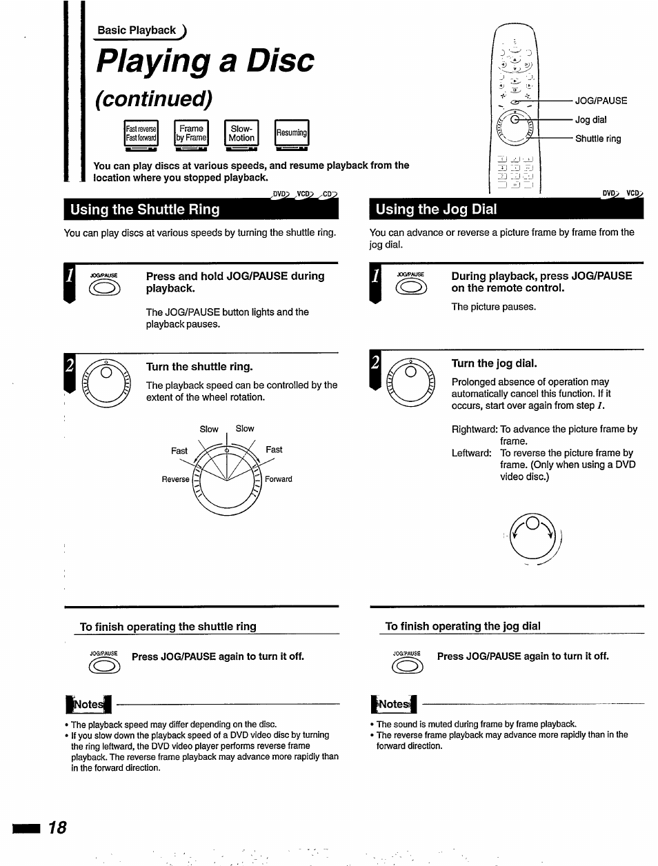 Playing a disc, Using the shuttle ring, Press and hold jog/pause during playback | Turn the jog dial, To finish operating the shuttle ring, To finish operating the jog dial, Continued), Using the jog dial | Philips DVD855AT User Manual | Page 20 / 58