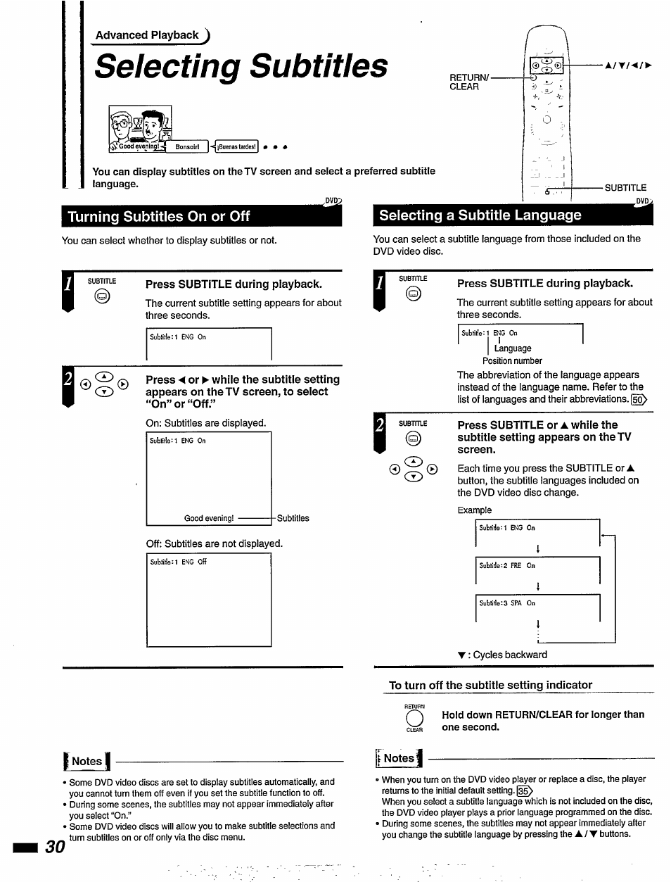 Turning subtitles on or off, Press subtitle during playback, Selecting a subtitle language | Press subtitle during piayback, To turn off the subtitle setting indicator, I notes i, Selecting a language, Selecting subtitles | Philips DVD855AT User Manual | Page 32 / 58